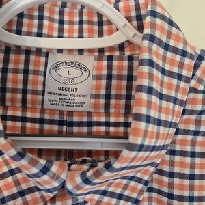 Brooks Brothers Men's Plaid Shirt - Navy and Peach Large LS